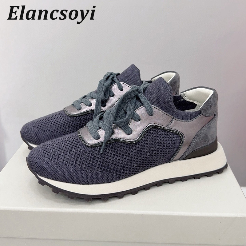 Sapatos planos femininos corda - Knit Fabric Lace Up Sneakers avaliação e preço